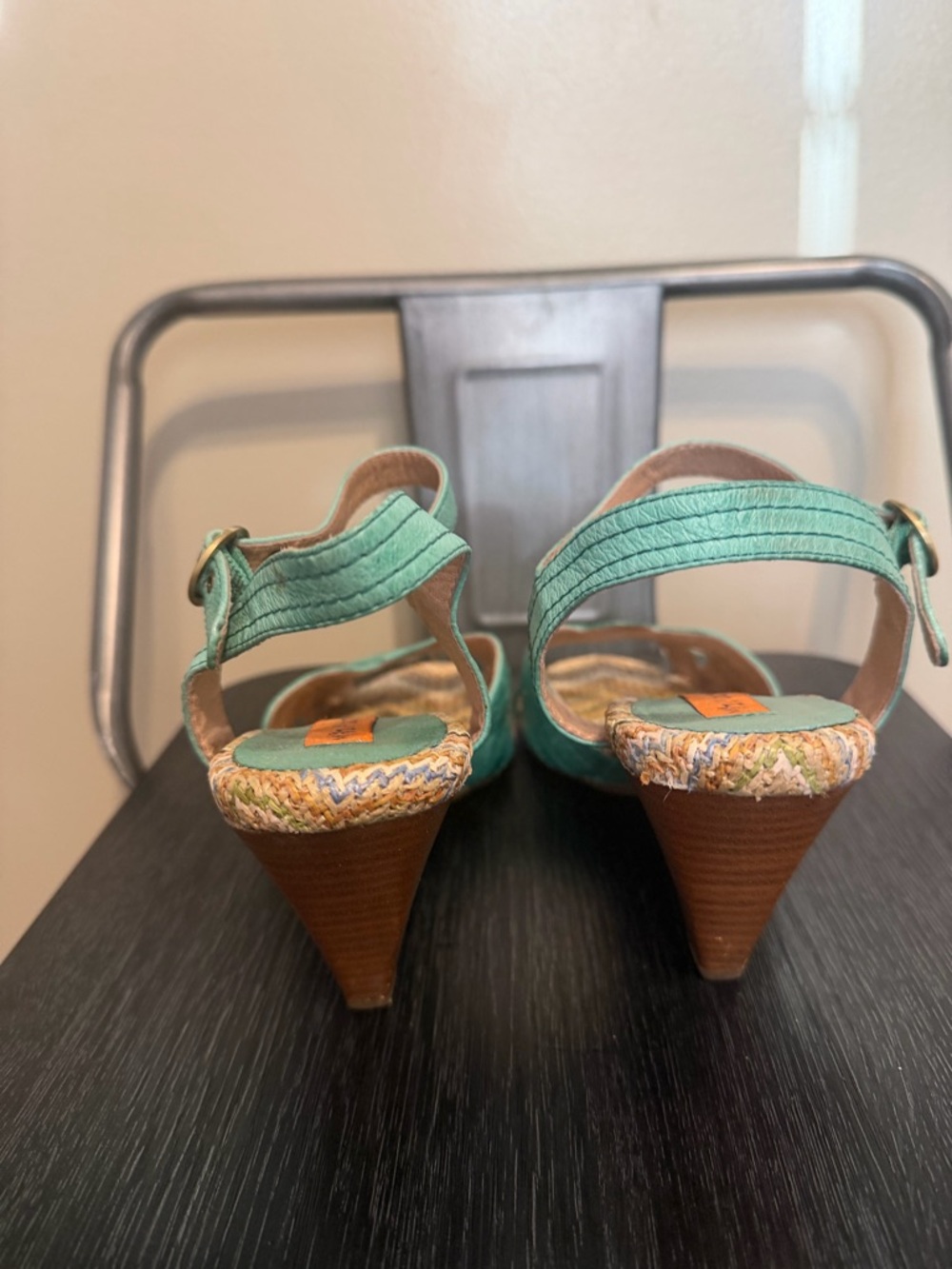 Miz Mooz Mint Green Leather Boho Heels 7.5 Woven Footbed Sandals - Picture 8 of 13
